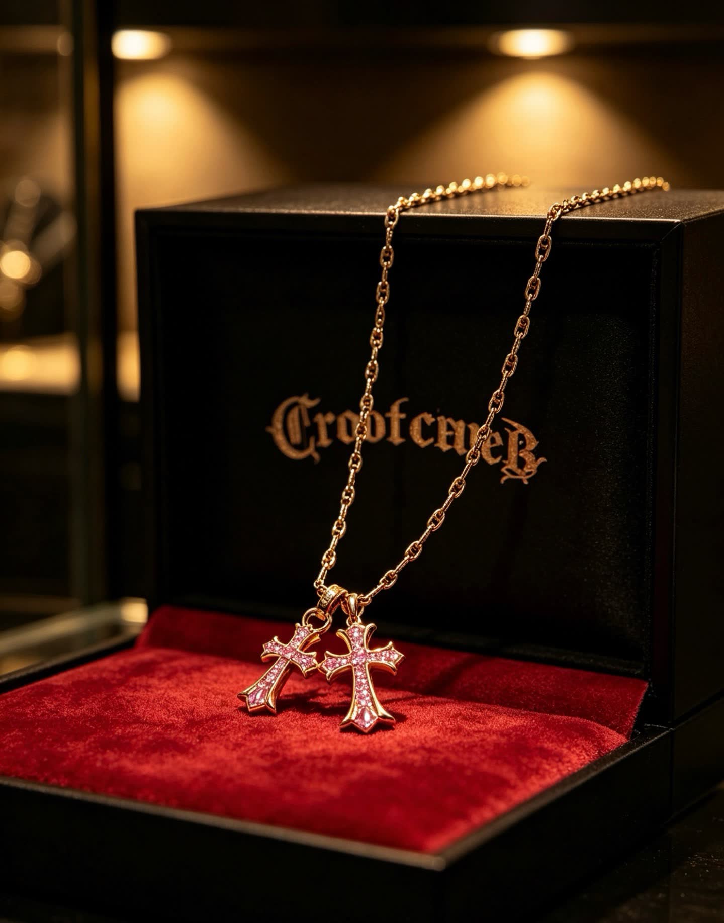 Chrome Hearts Gold Cross Pendant Necklace with Pink Stones